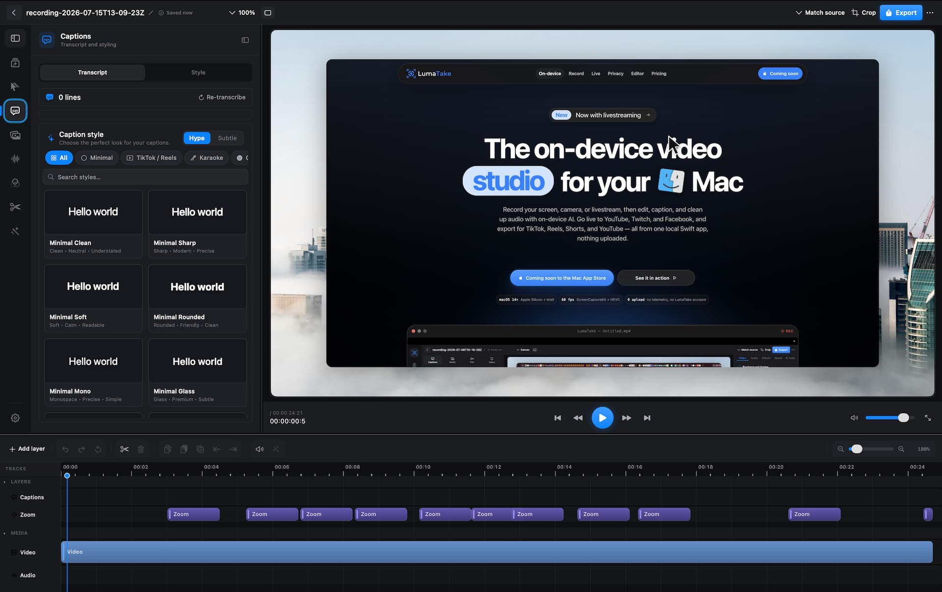 LumaTake caption style browser showing searchable caption presets