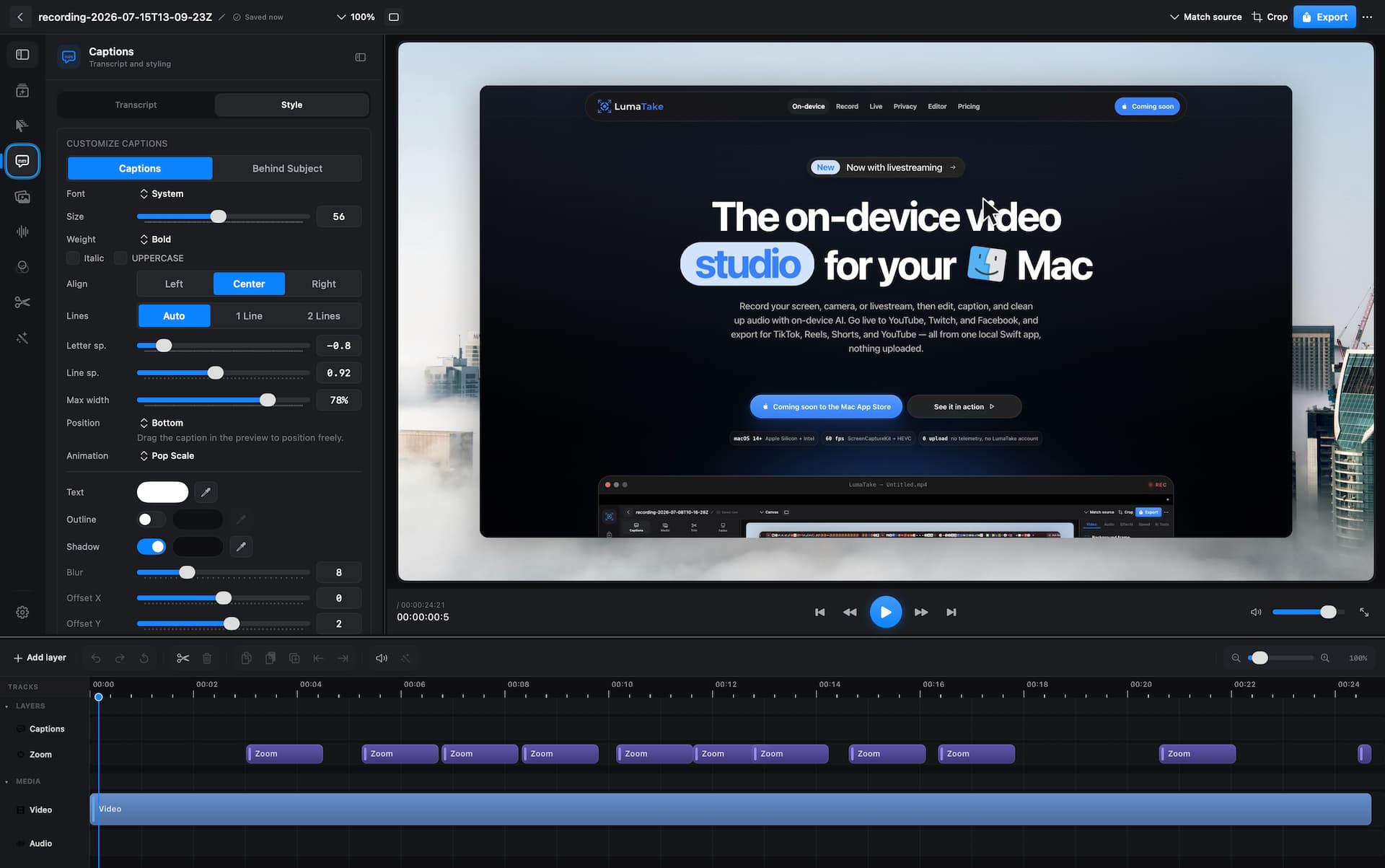 LumaTake custom caption controls for typography, layout, shadow, and animation