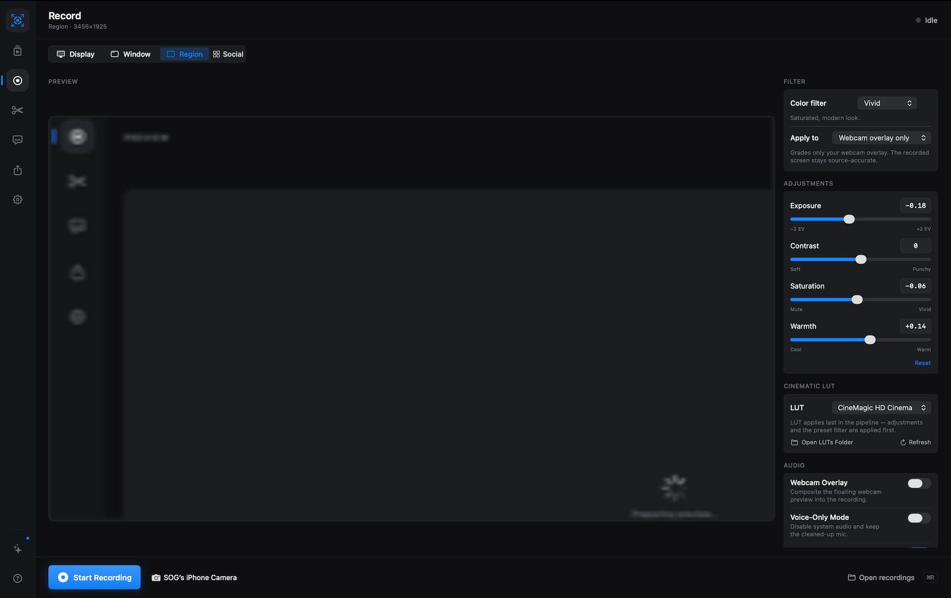 LumaTake Record workspace with capture modes, camera filters, and audio controls