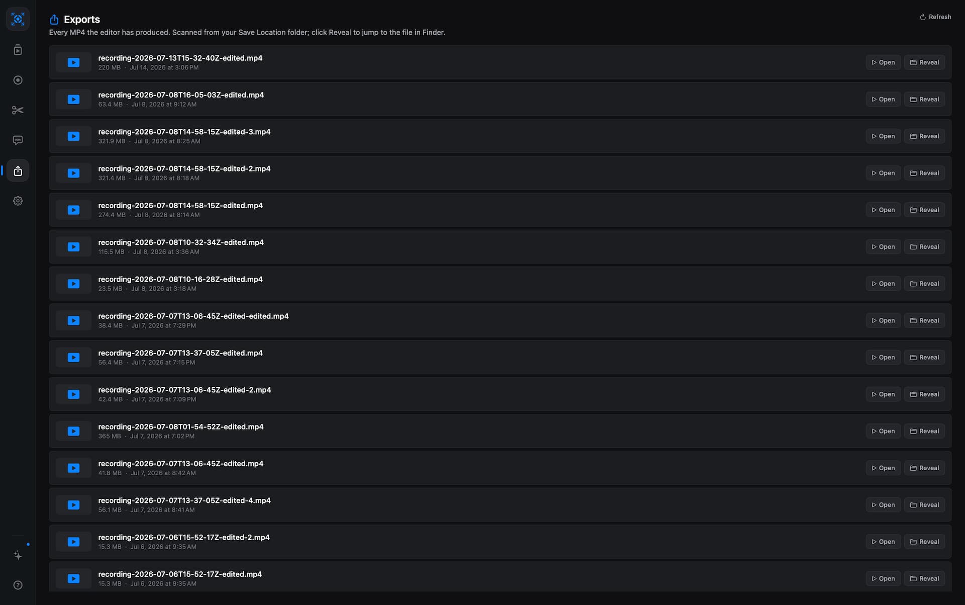 LumaTake Exports view listing completed local video files